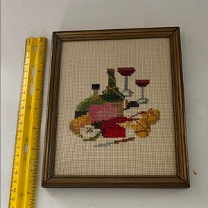 Vintage Framed Hand Stitched Cross Stitch Art with Wine and Fruit